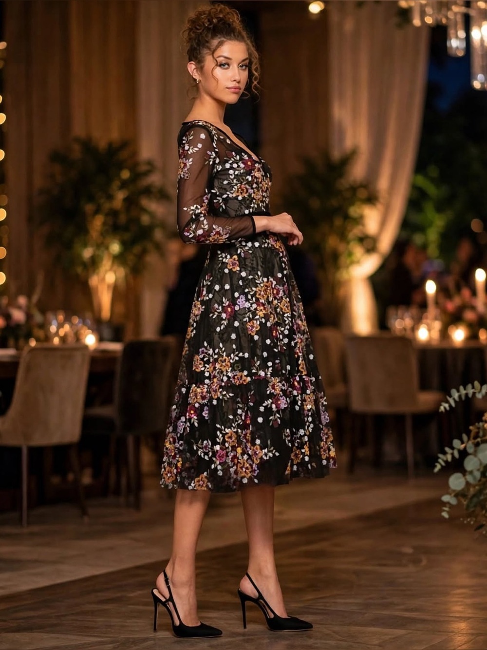 Mac Duggal BLACK FLORAL EMBROIDERED TEA LENGTH DRESS size 8 NEW $538 sldout size